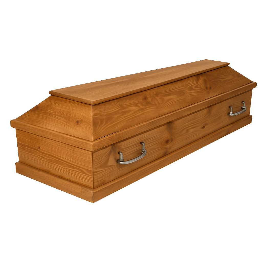 Wooden coffin, rectangular in shape, without ornamentation