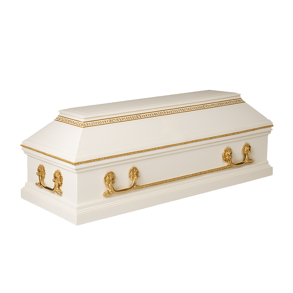 Premium coffin, white with rectangular shape and golden handles