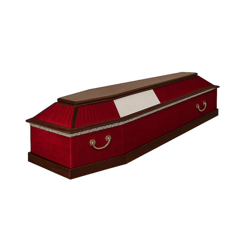 Red coffin, rectangular in shape and golden handles
