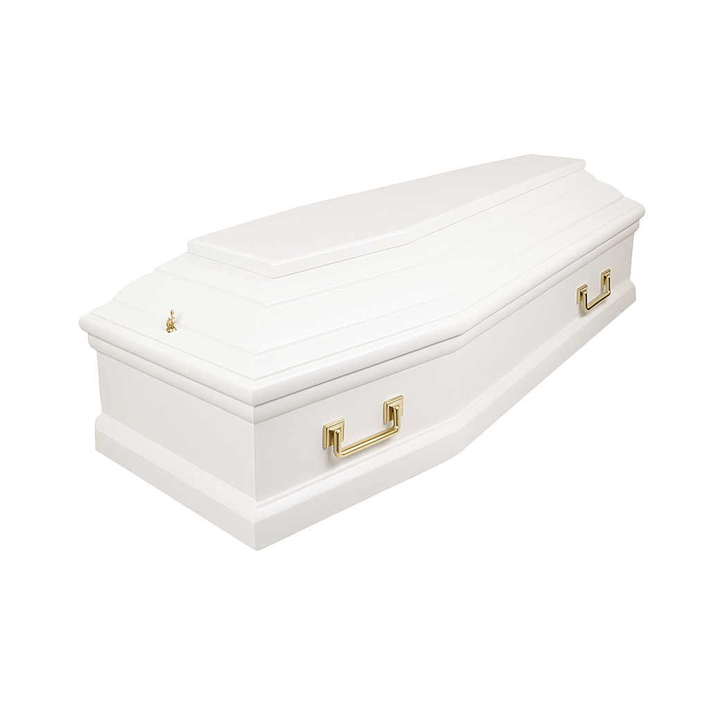 White coffin with hexagonal shape and golden handles