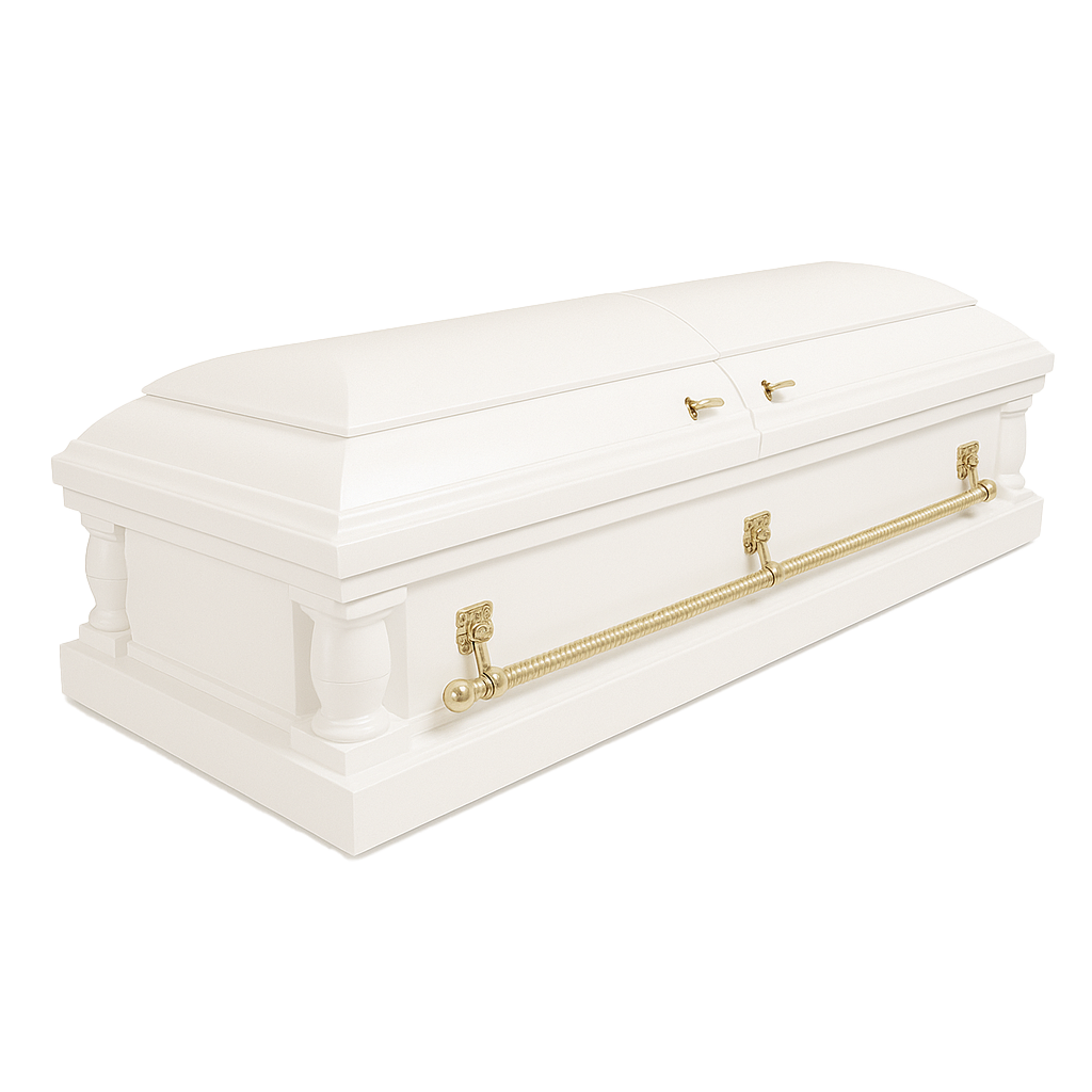 White coffin with two doors and golden handles
