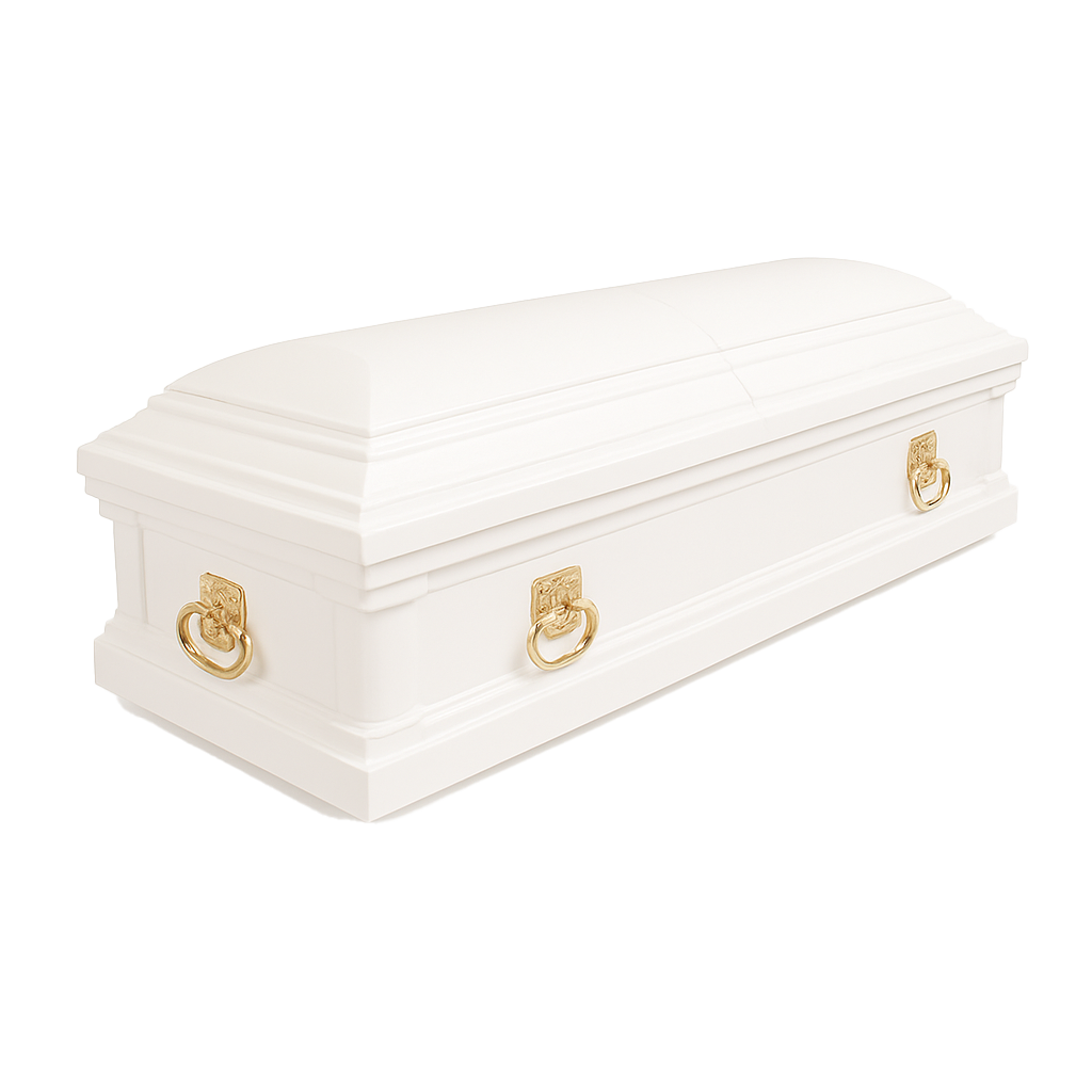 White coffin, rectangular in shape and golden handles
