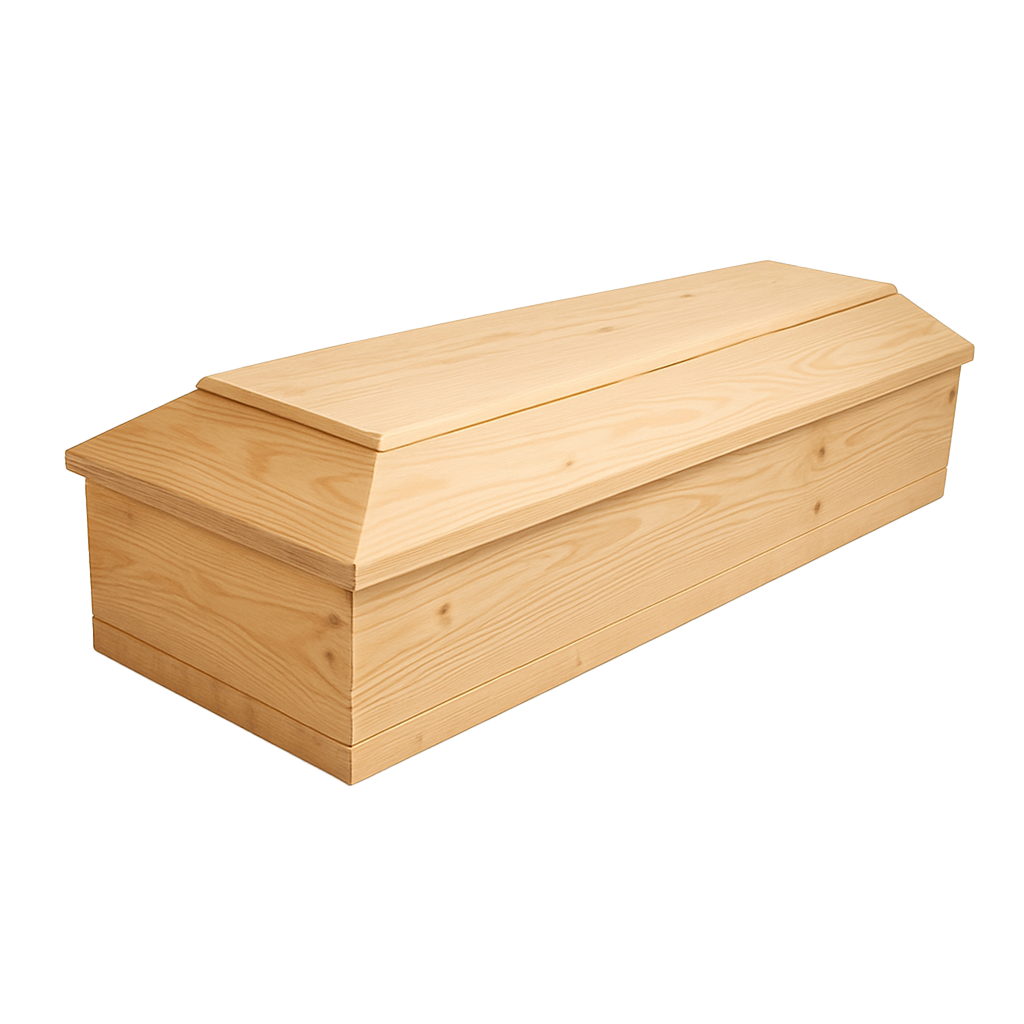 Wooden coffin, light wood, no handles